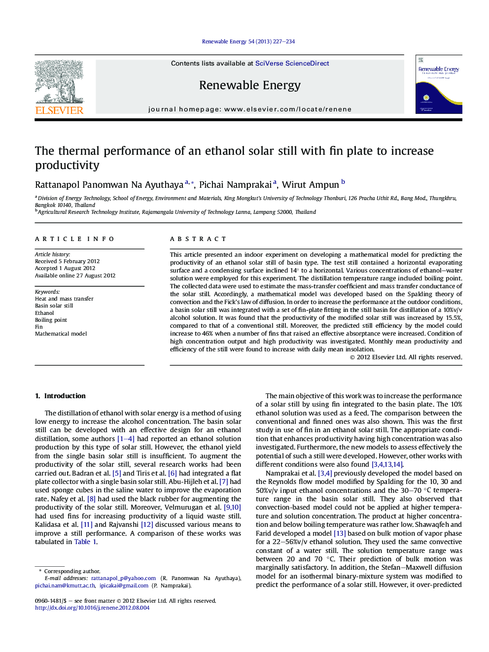 The thermal performance of an ethanol solar still with fin plate to increase productivity