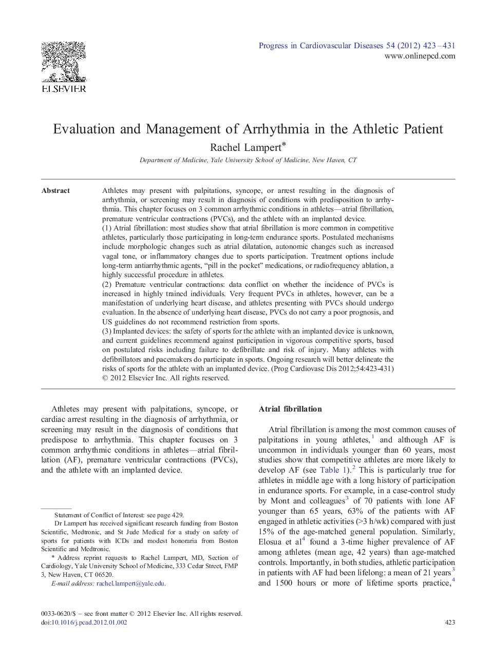 Evaluation and Management of Arrhythmia in the Athletic Patient 