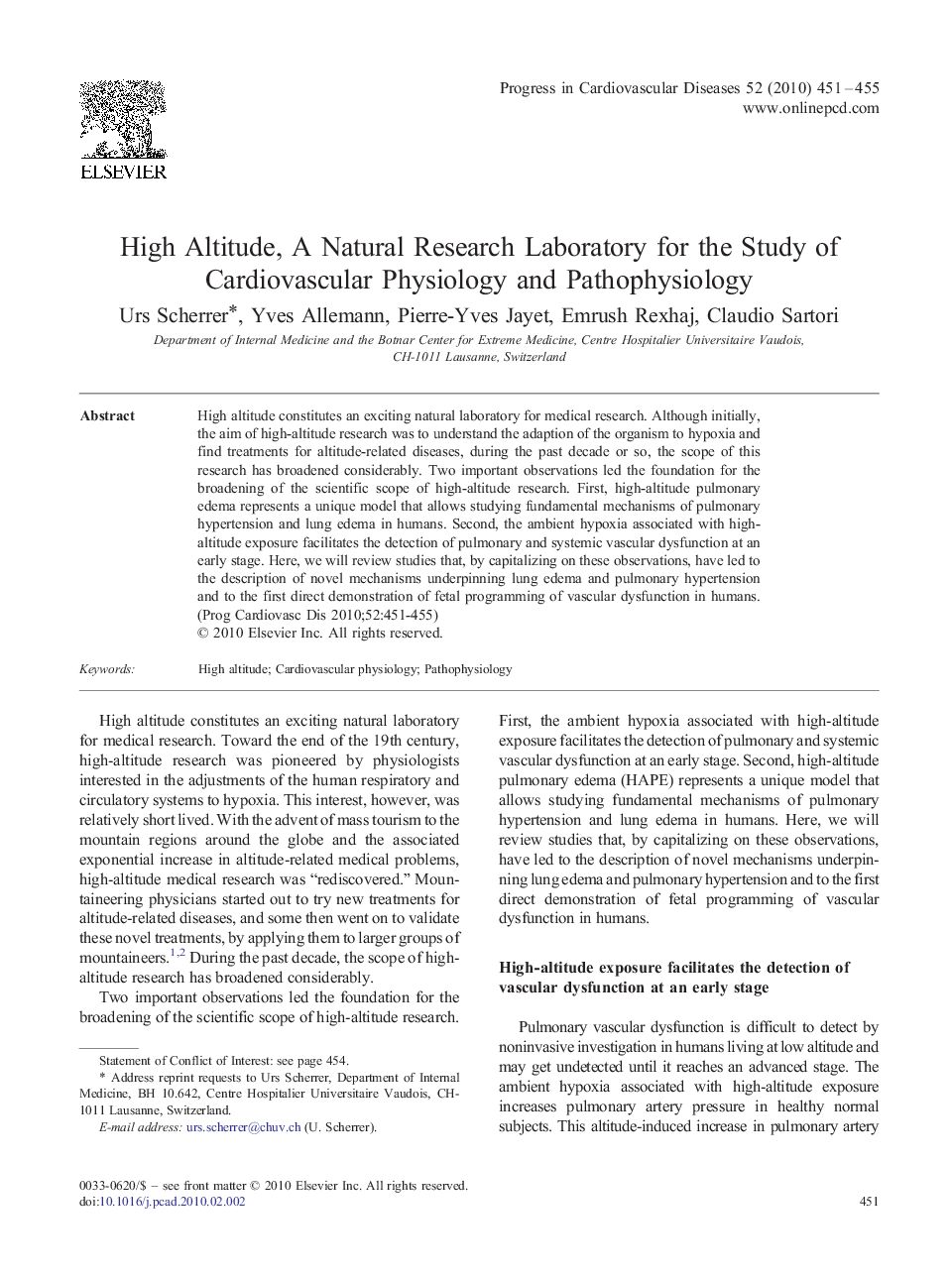 High Altitude, A Natural Research Laboratory for the Study of Cardiovascular Physiology and Pathophysiology 