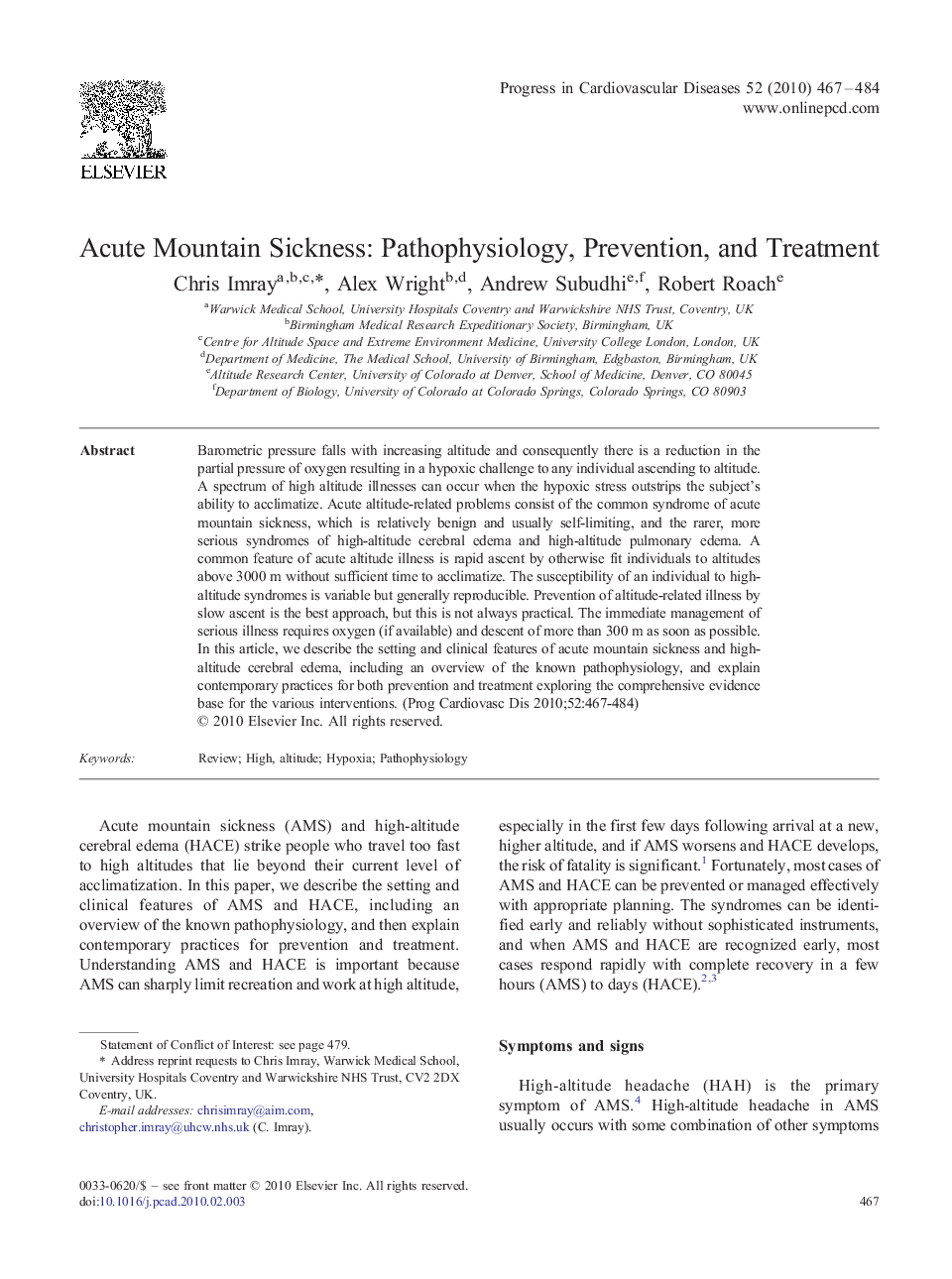 Acute Mountain Sickness: Pathophysiology, Prevention, and Treatment 