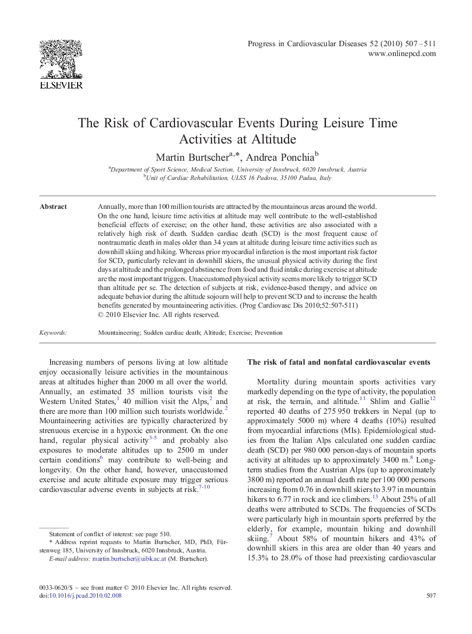 The Risk of Cardiovascular Events During Leisure Time Activities at Altitude 