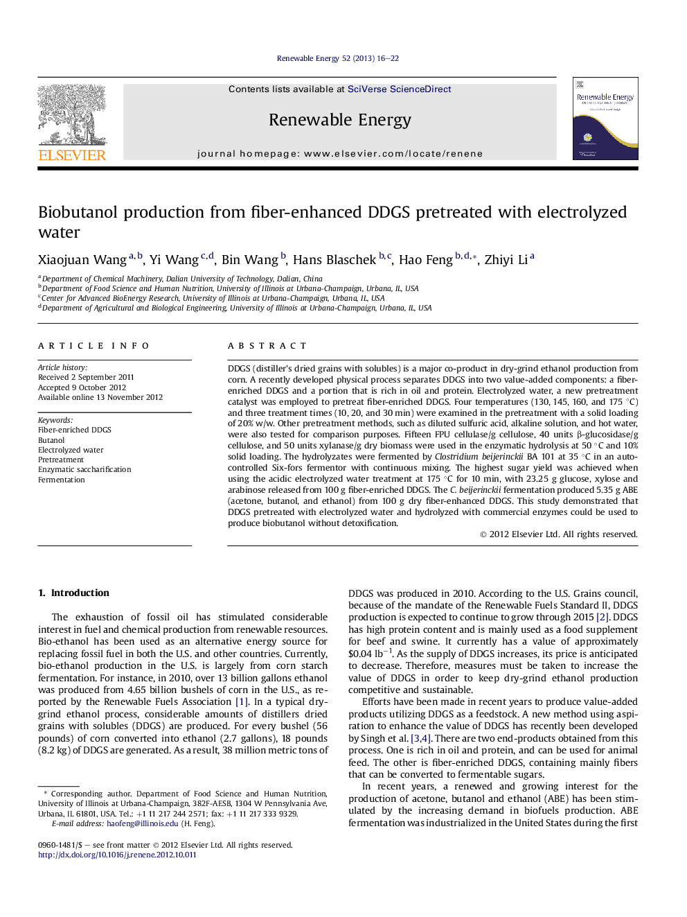عکس صفحه اول مقاله: Biobutanol production from fiber-enhanced DDGS pretreated with electrolyzed water Biobutanol production from fiber-enhanced DDGS pretreated with electrolyzed water