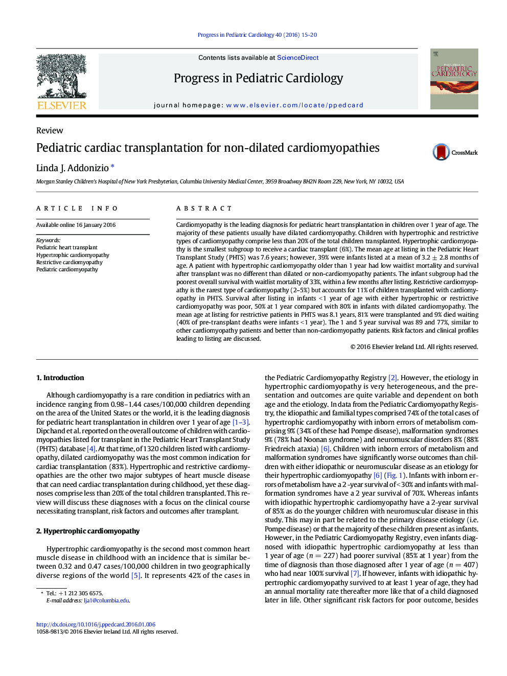 Pediatric cardiac transplantation for non-dilated cardiomyopathies