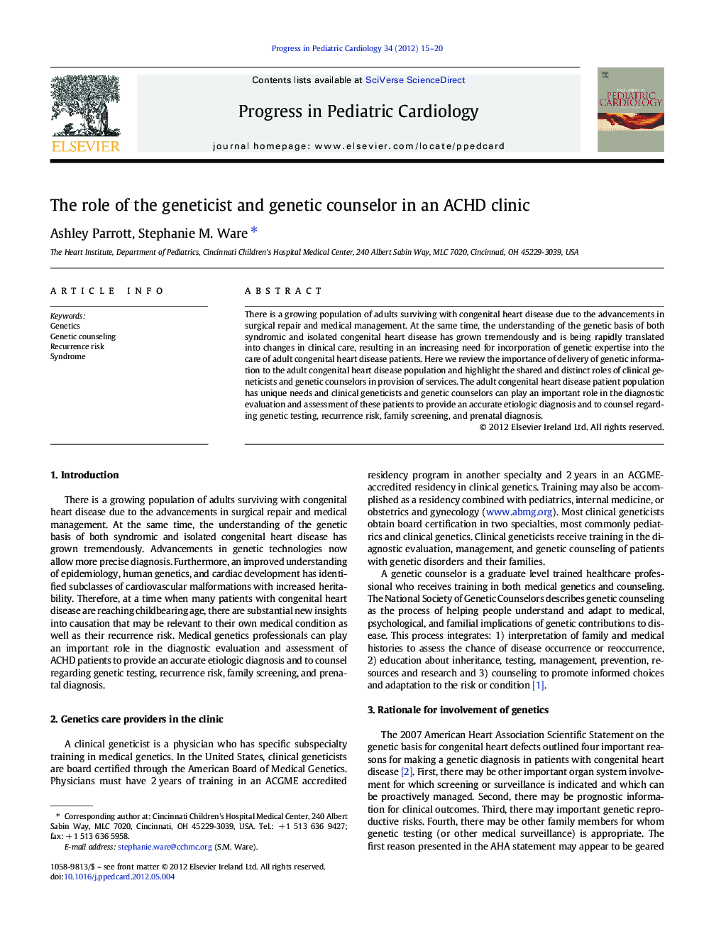 The role of the geneticist and genetic counselor in an ACHD clinic