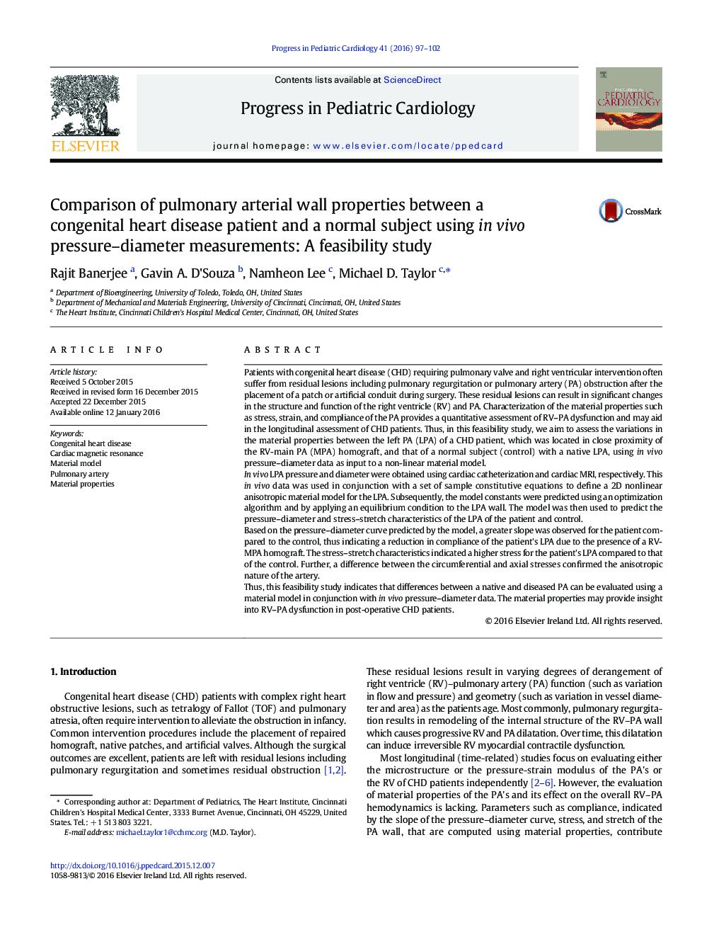 Comparison of pulmonary arterial wall properties between a congenital heart disease patient and a normal subject using in vivo pressure–diameter measurements: A feasibility study