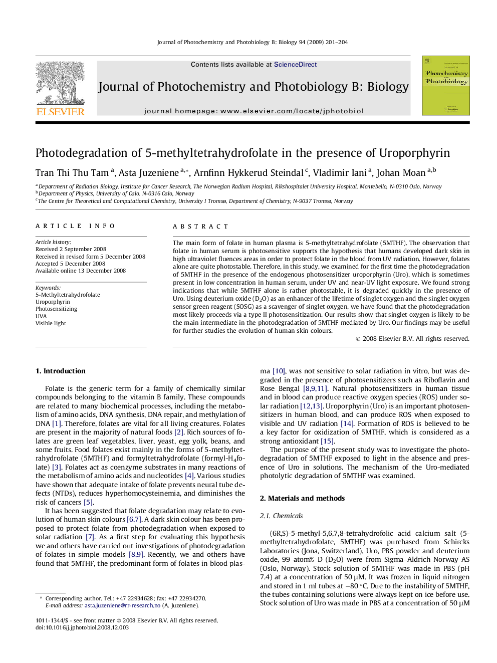 Photodegradation of 5-methyltetrahydrofolate in the presence of Uroporphyrin