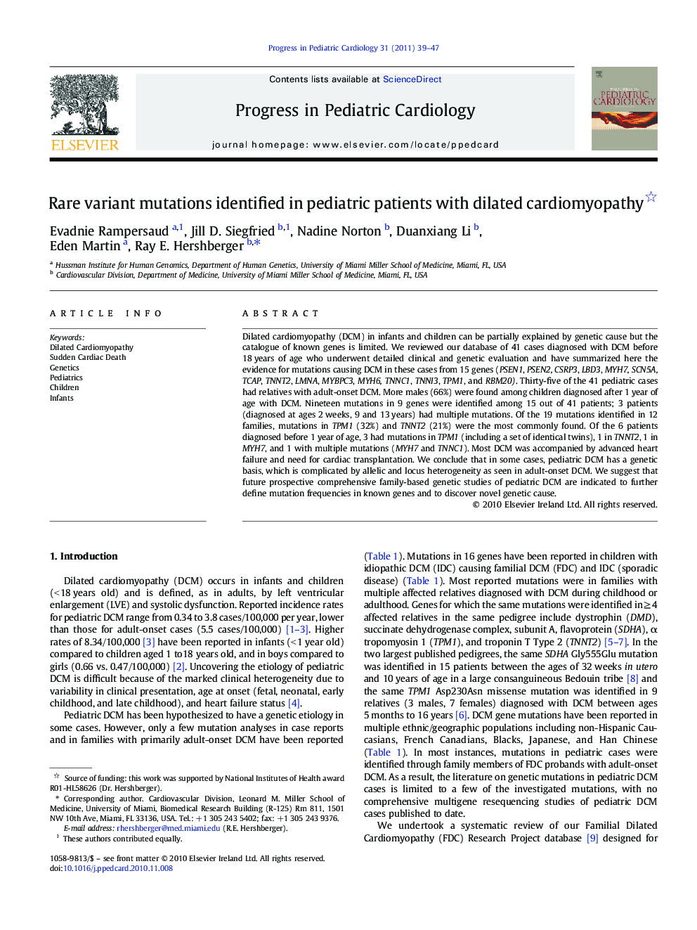 Rare variant mutations identified in pediatric patients with dilated cardiomyopathy