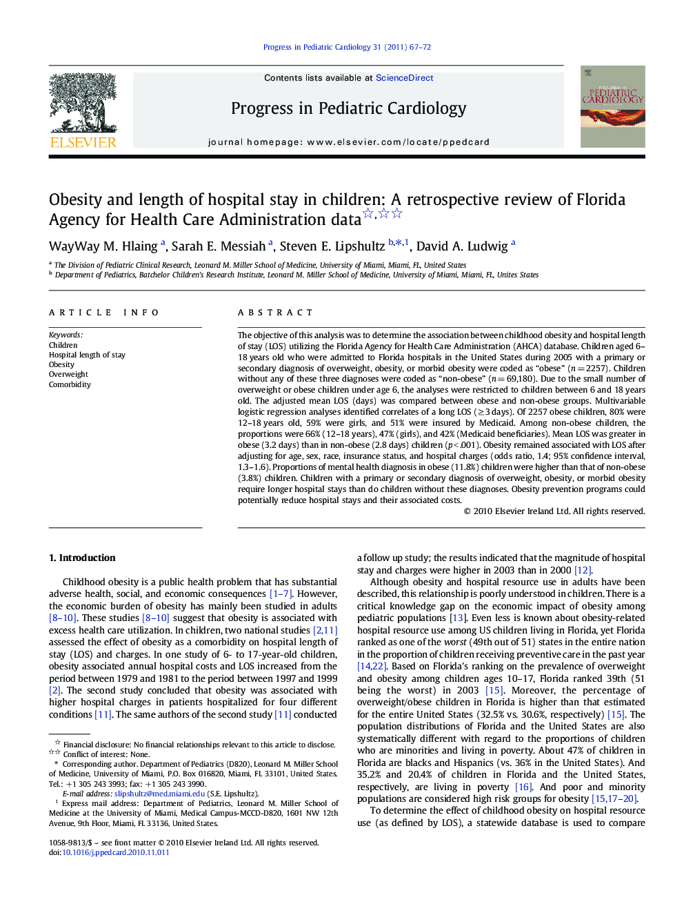 Obesity and length of hospital stay in children: A retrospective review of Florida Agency for Health Care Administration data 