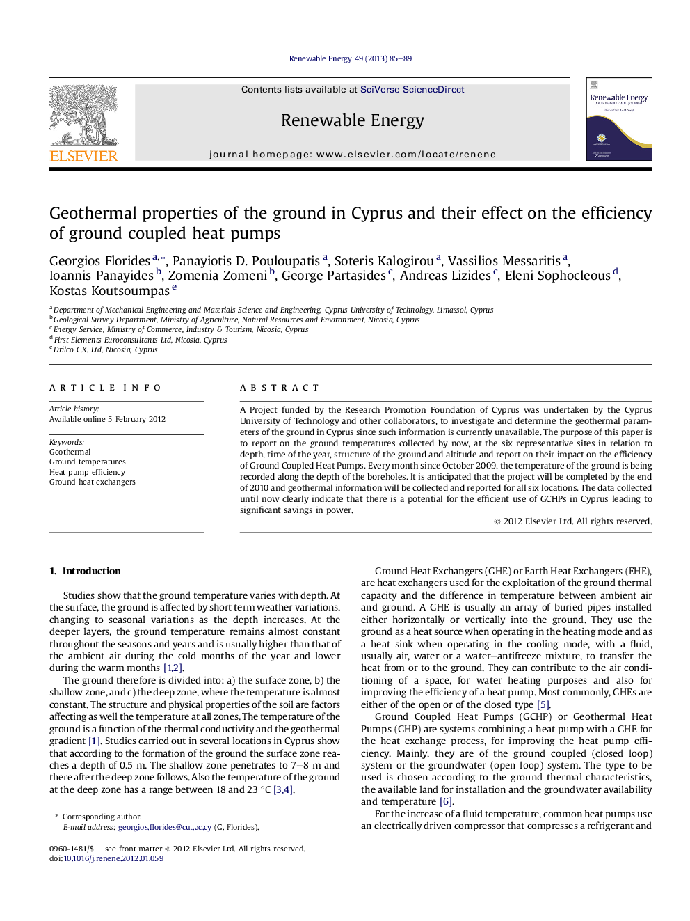 Geothermal properties of the ground in Cyprus and their effect on the efficiency of ground coupled heat pumps