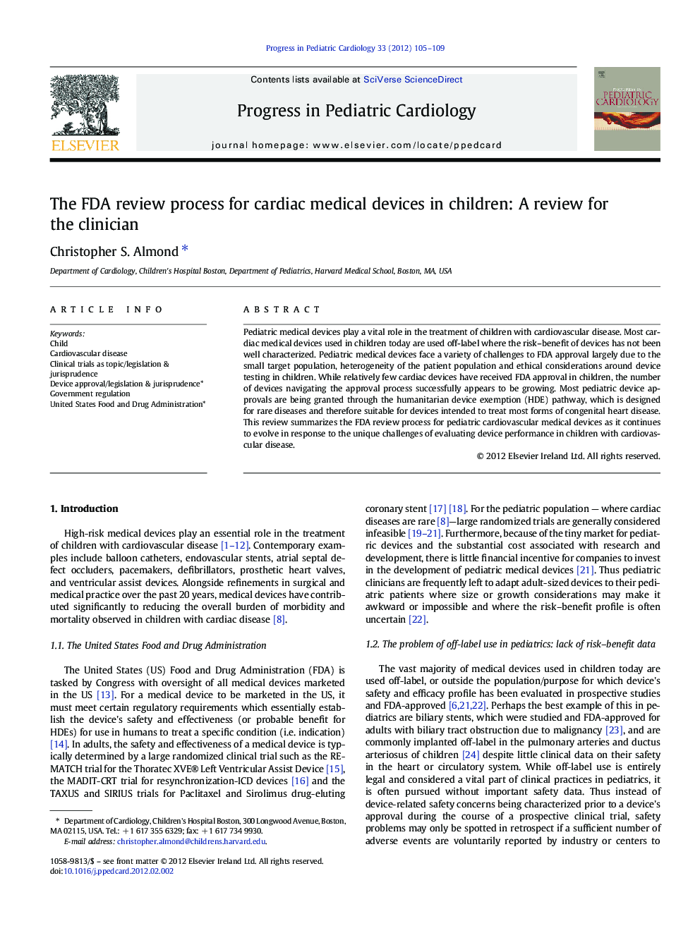 The FDA review process for cardiac medical devices in children: A review for the clinician