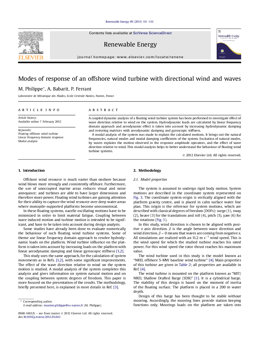 Modes of response of an offshore wind turbine with directional wind and waves