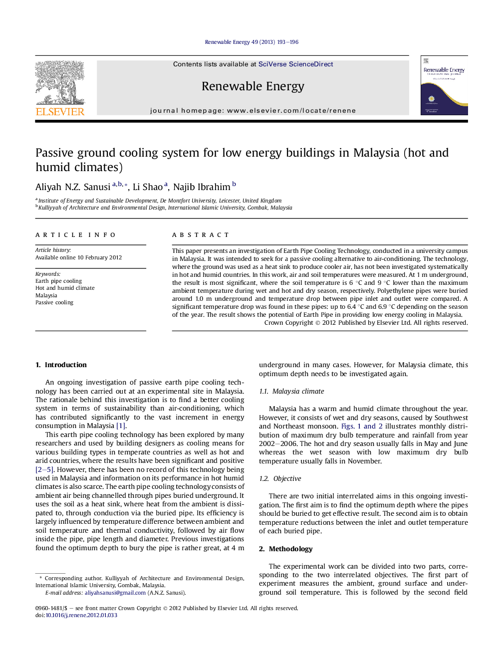 Passive ground cooling system for low energy buildings in Malaysia (hot and humid climates)