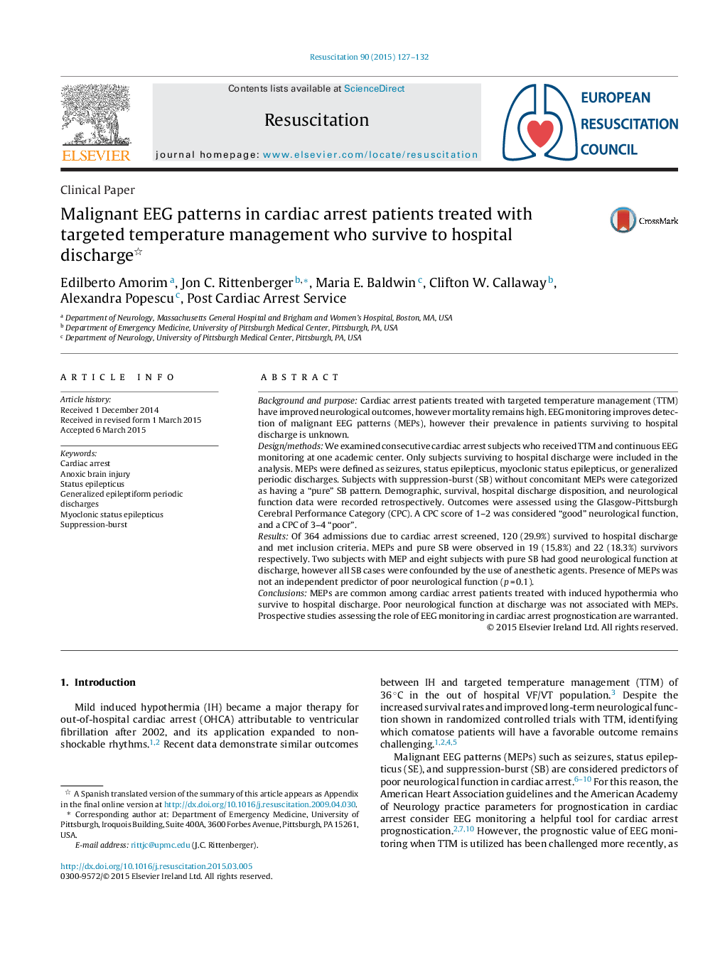 Malignant EEG patterns in cardiac arrest patients treated with targeted temperature management who survive to hospital discharge 