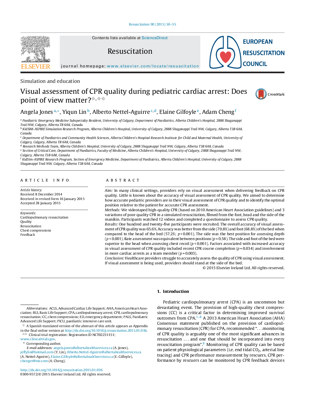 Visual assessment of CPR quality during pediatric cardiac arrest: Does point of view matter? 