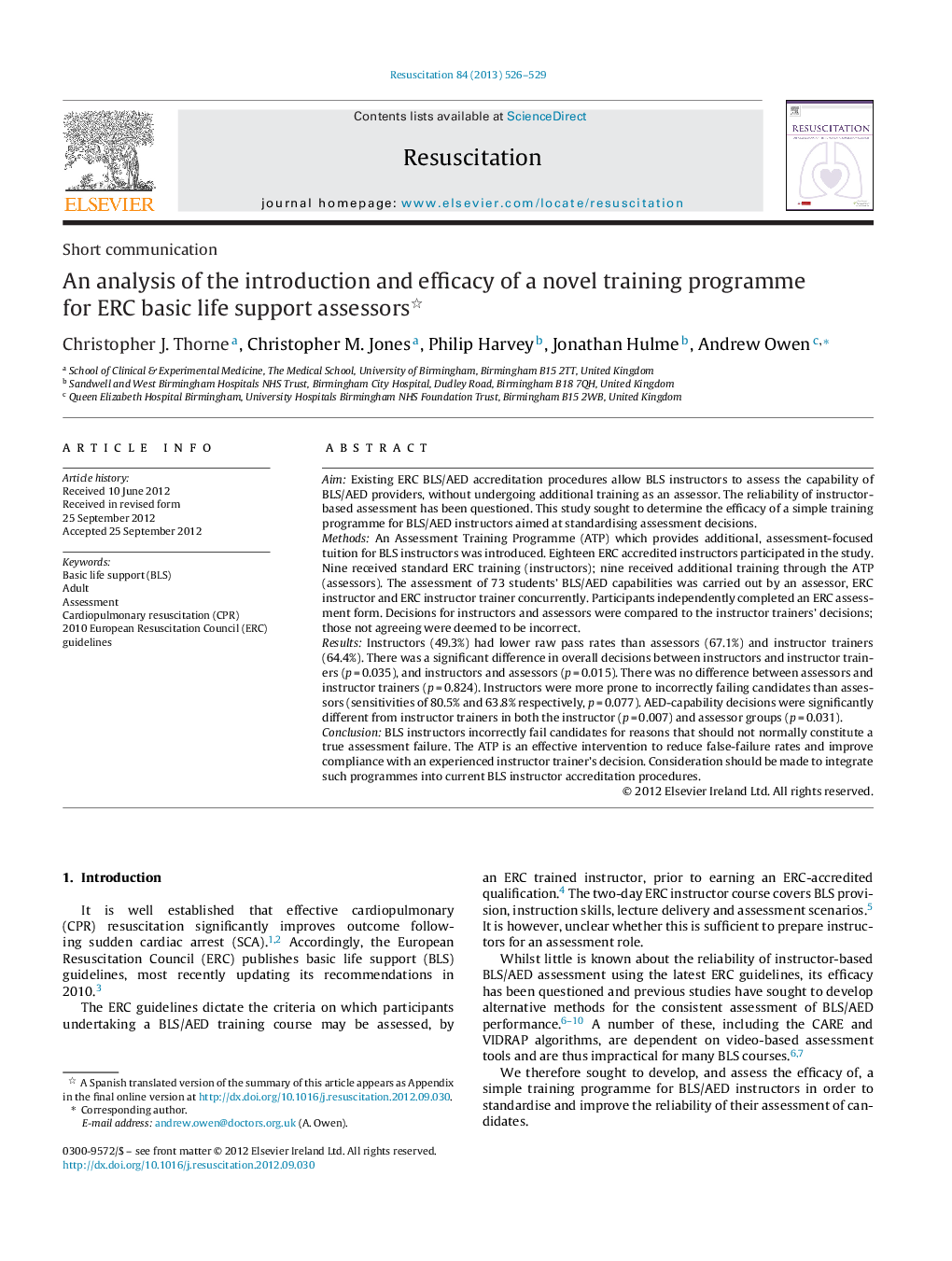 An analysis of the introduction and efficacy of a novel training programme for ERC basic life support assessors 