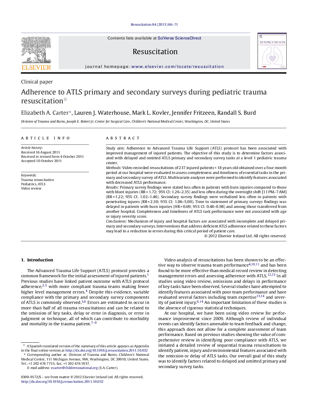 Adherence to ATLS primary and secondary surveys during pediatric trauma resuscitation 