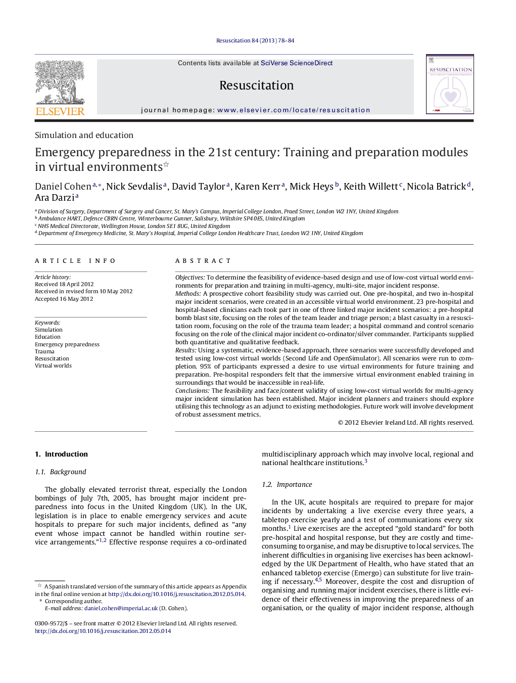 Emergency preparedness in the 21st century: Training and preparation modules in virtual environments 