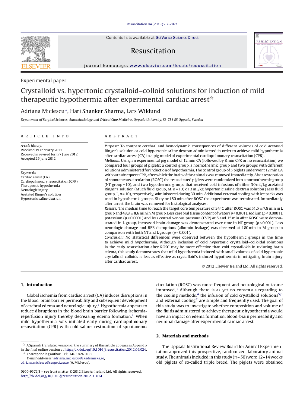 Crystalloid vs. hypertonic crystalloid–colloid solutions for induction of mild therapeutic hypothermia after experimental cardiac arrest 