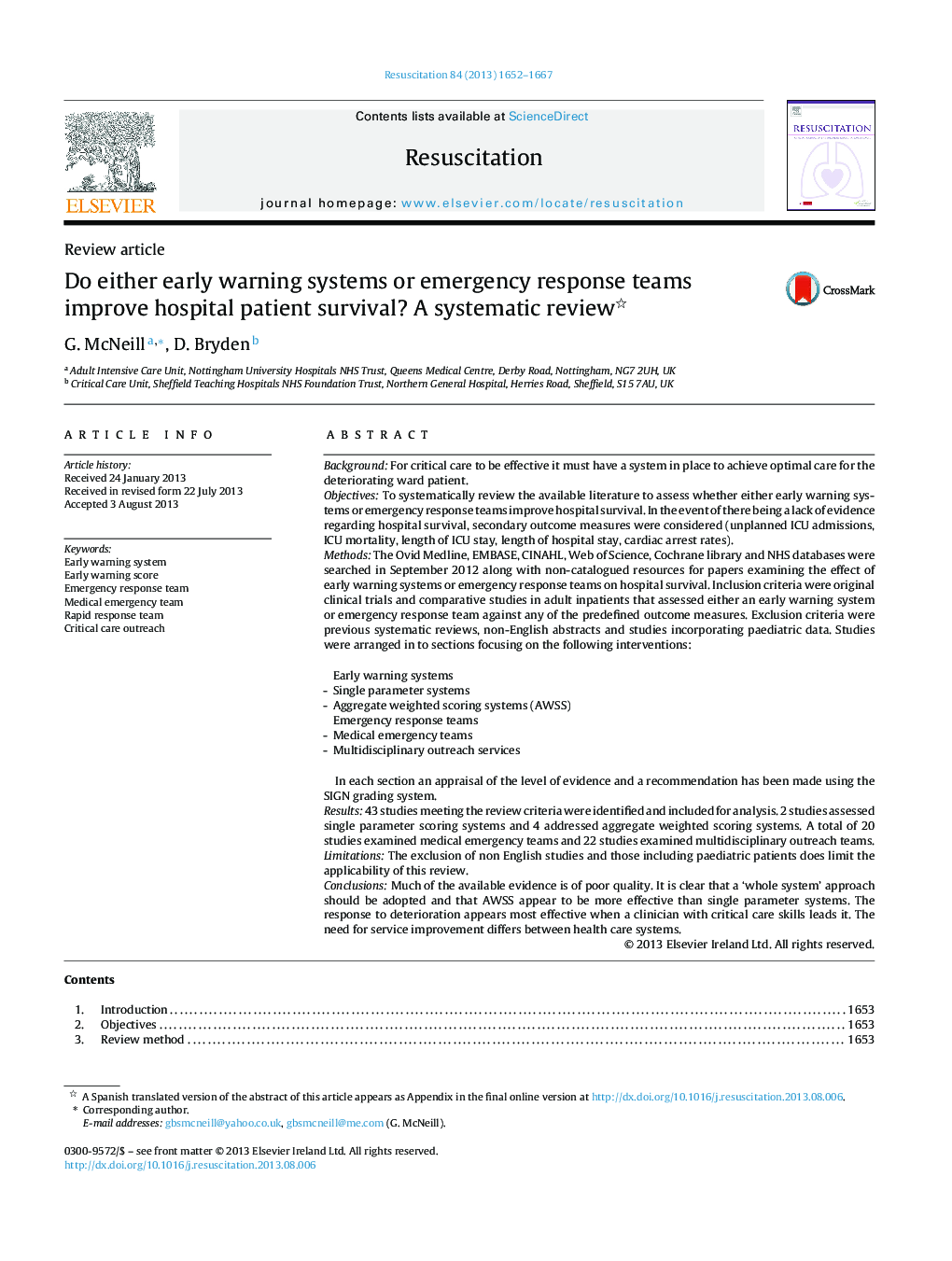 Do either early warning systems or emergency response teams improve hospital patient survival? A systematic review 