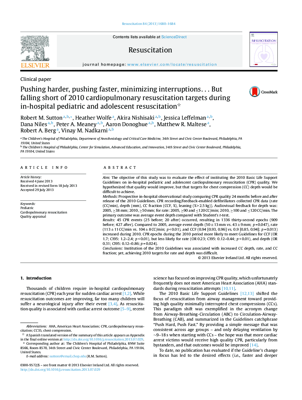 Pushing harder, pushing faster, minimizing interruptions… But falling short of 2010 cardiopulmonary resuscitation targets during in-hospital pediatric and adolescent resuscitation 