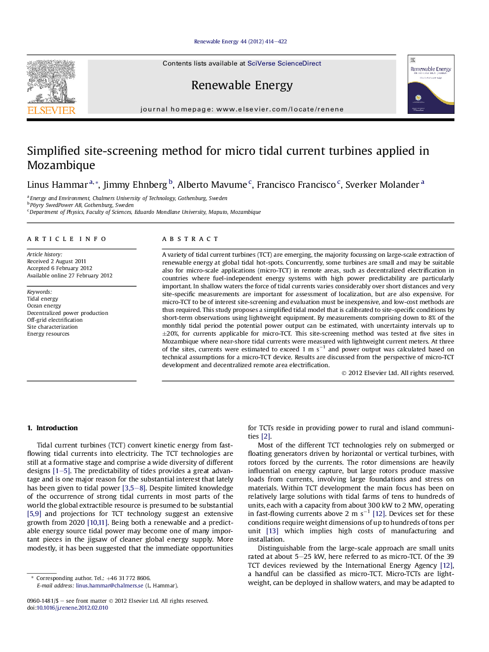 Simplified site-screening method for micro tidal current turbines applied in Mozambique