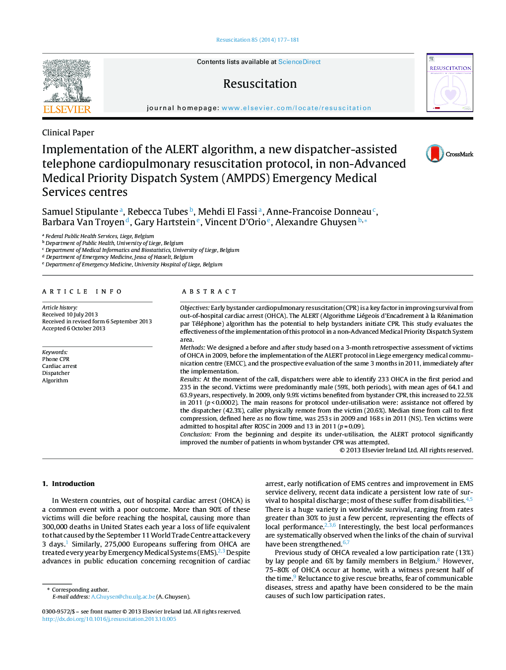 Implementation of the ALERT algorithm, a new dispatcher-assisted telephone cardiopulmonary resuscitation protocol, in non-Advanced Medical Priority Dispatch System (AMPDS) Emergency Medical Services centres