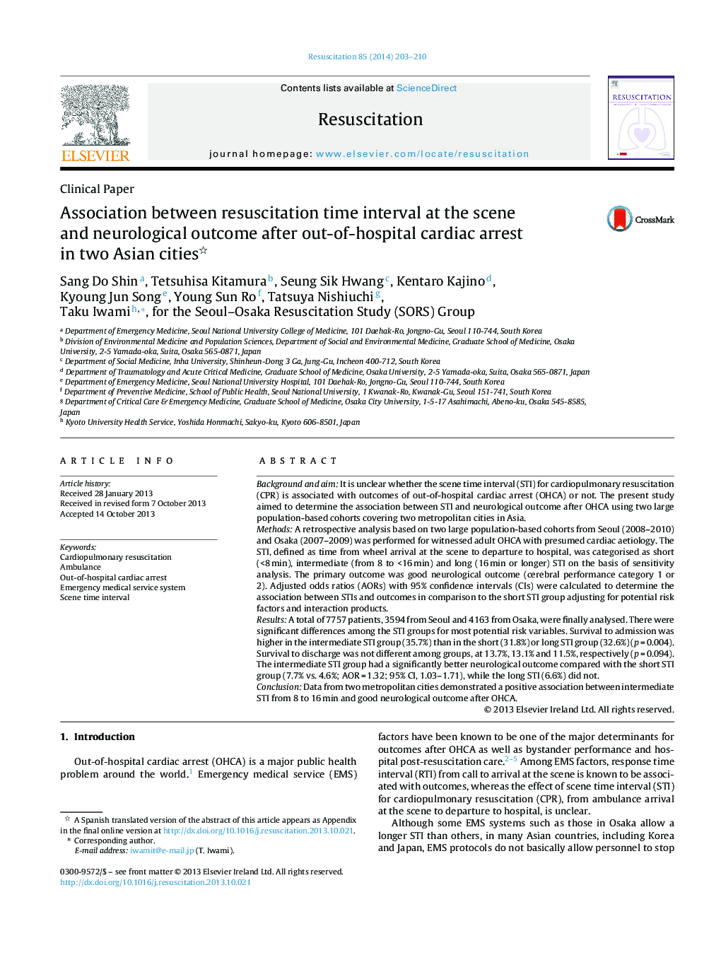 Association between resuscitation time interval at the scene and neurological outcome after out-of-hospital cardiac arrest in two Asian cities 