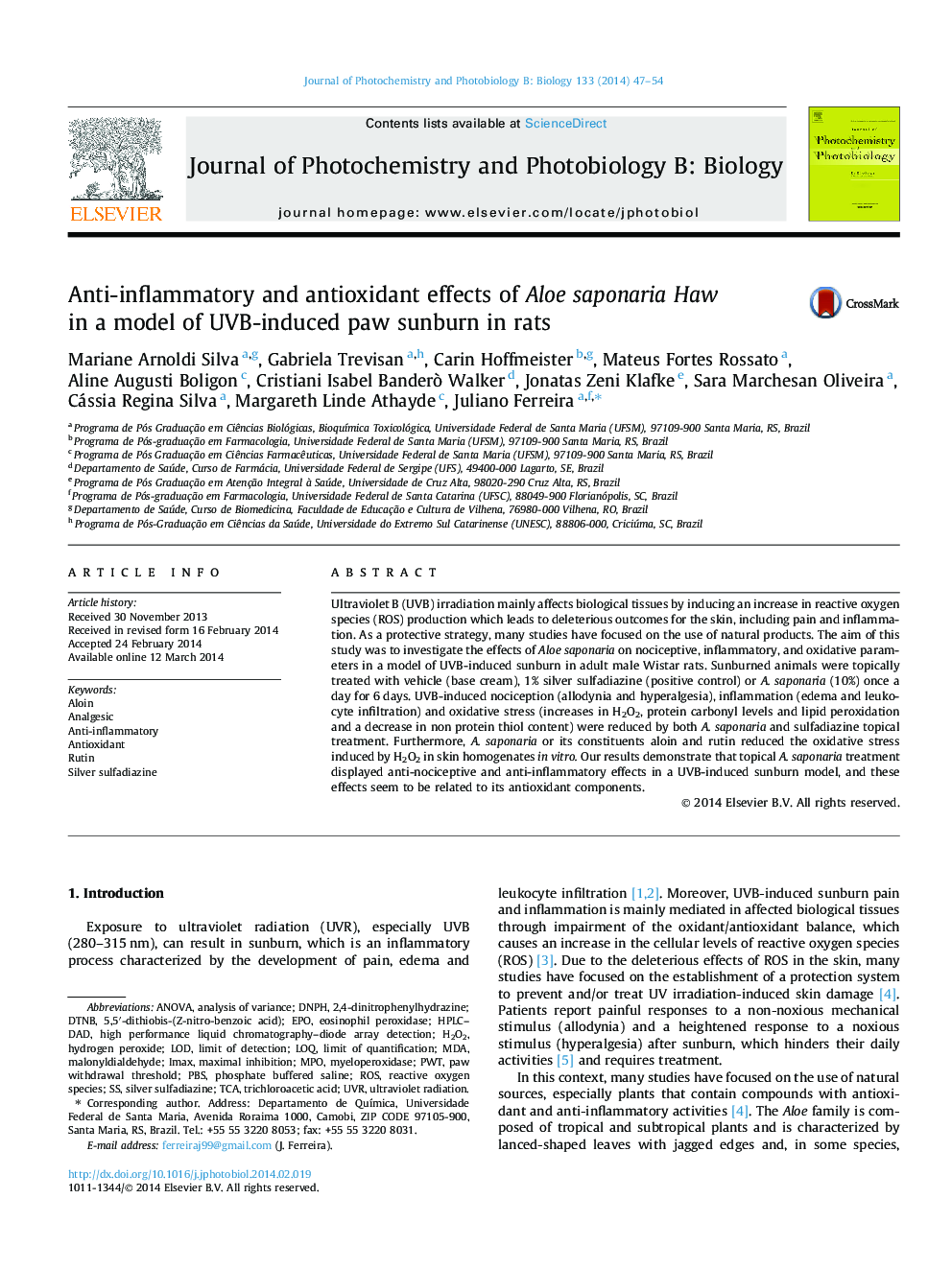 Anti-inflammatory and antioxidant effects of Aloe saponaria Haw in a model of UVB-induced paw sunburn in rats