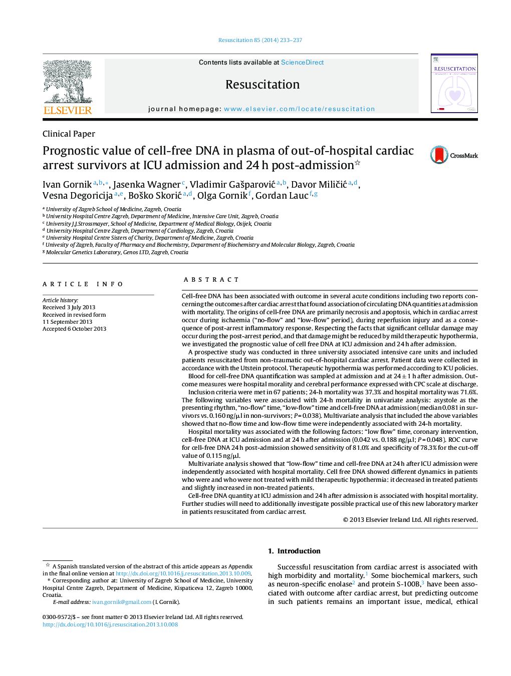 Prognostic value of cell-free DNA in plasma of out-of-hospital cardiac arrest survivors at ICU admission and 24 h post-admission 