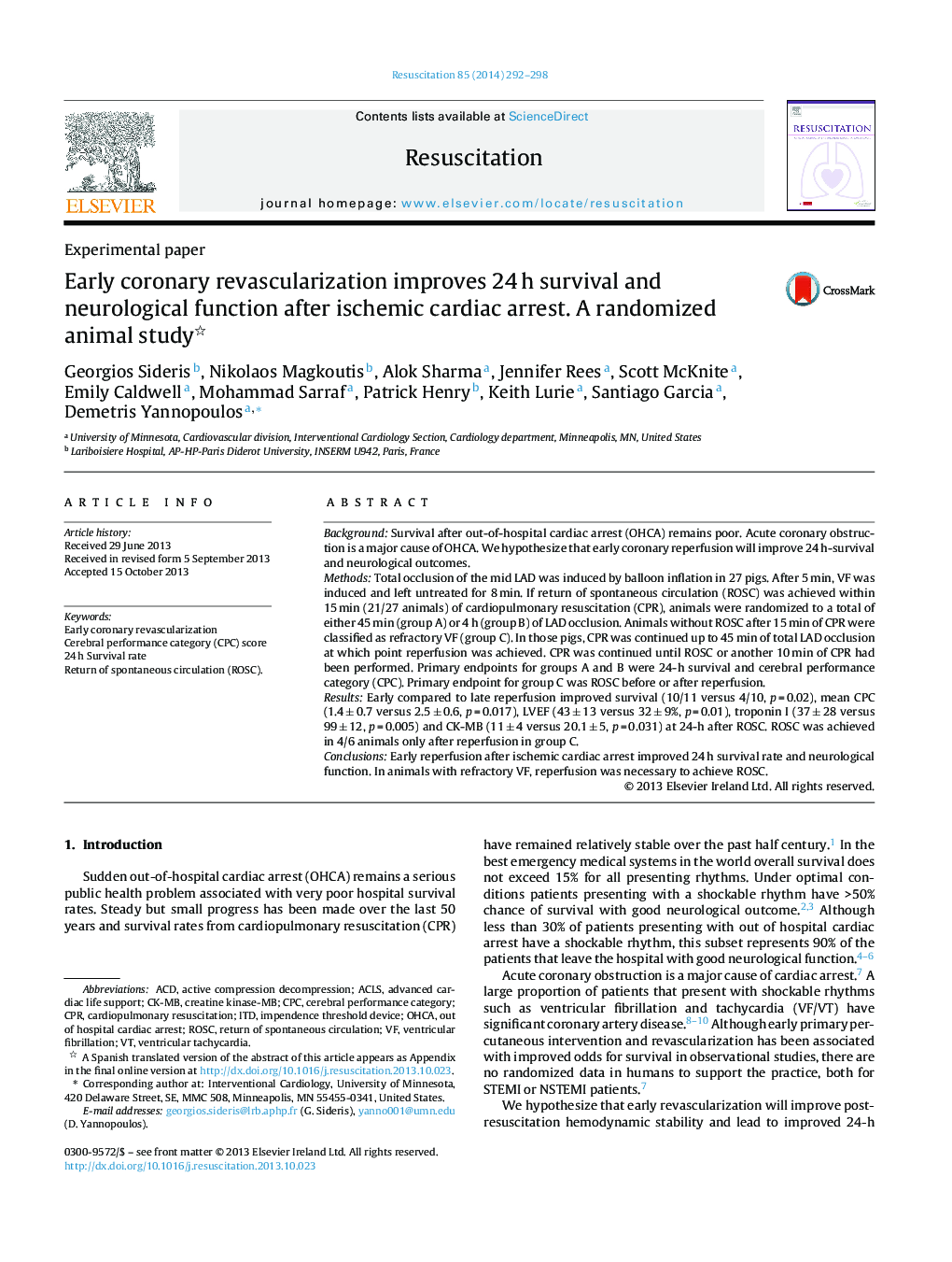 Early coronary revascularization improves 24 h survival and neurological function after ischemic cardiac arrest. A randomized animal study 