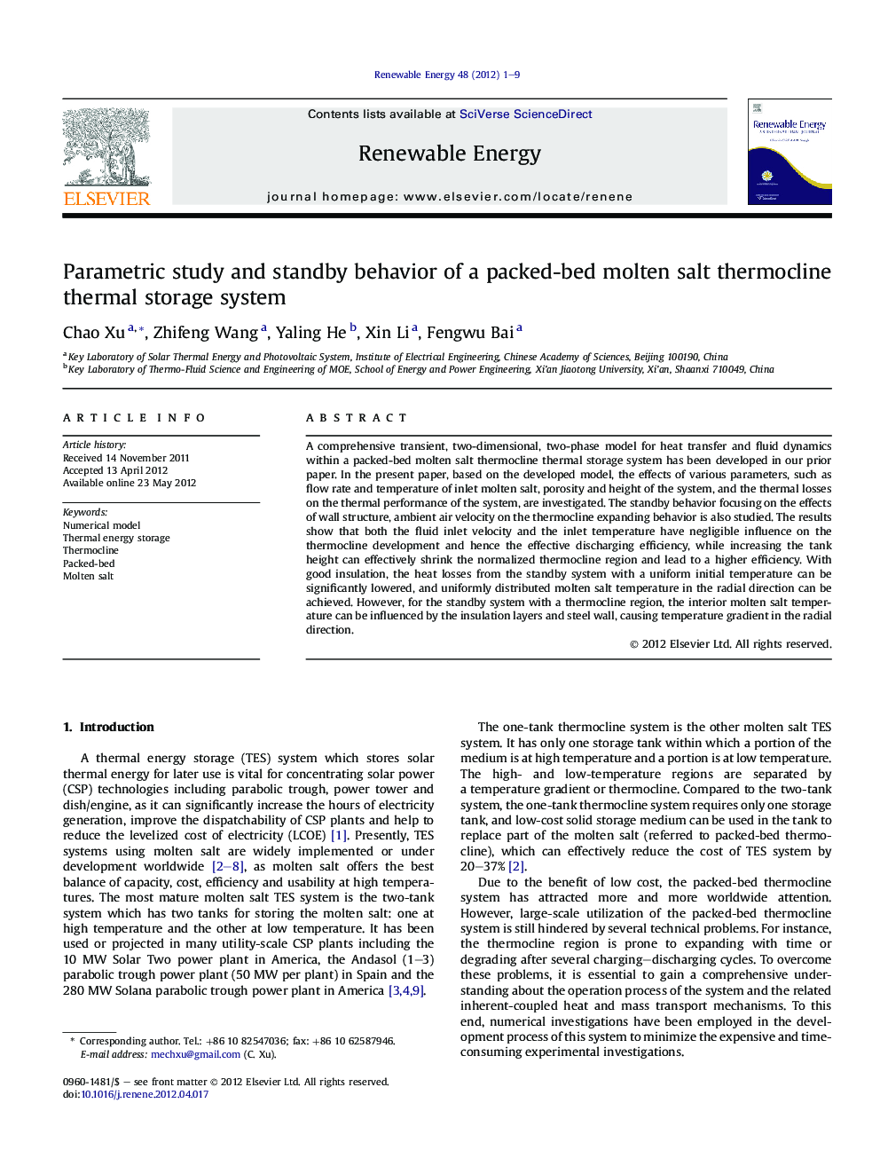 Parametric study and standby behavior of a packed-bed molten salt thermocline thermal storage system