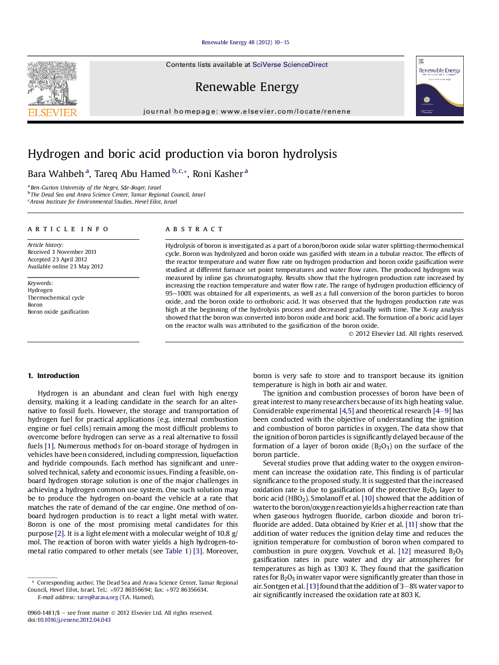 Hydrogen and boric acid production via boron hydrolysis