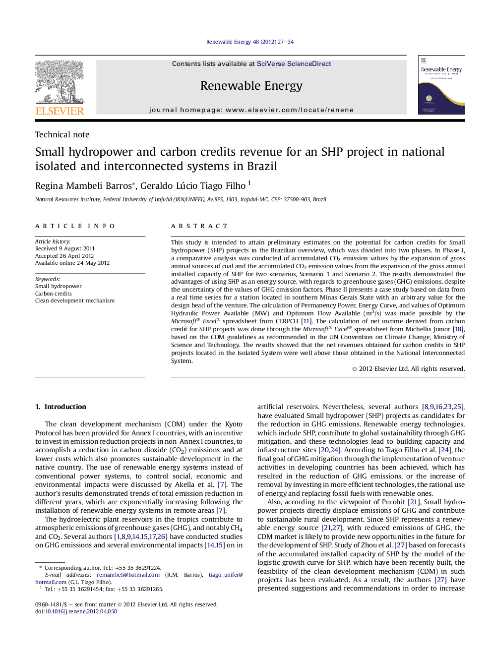 Small hydropower and carbon credits revenue for an SHP project in national isolated and interconnected systems in Brazil