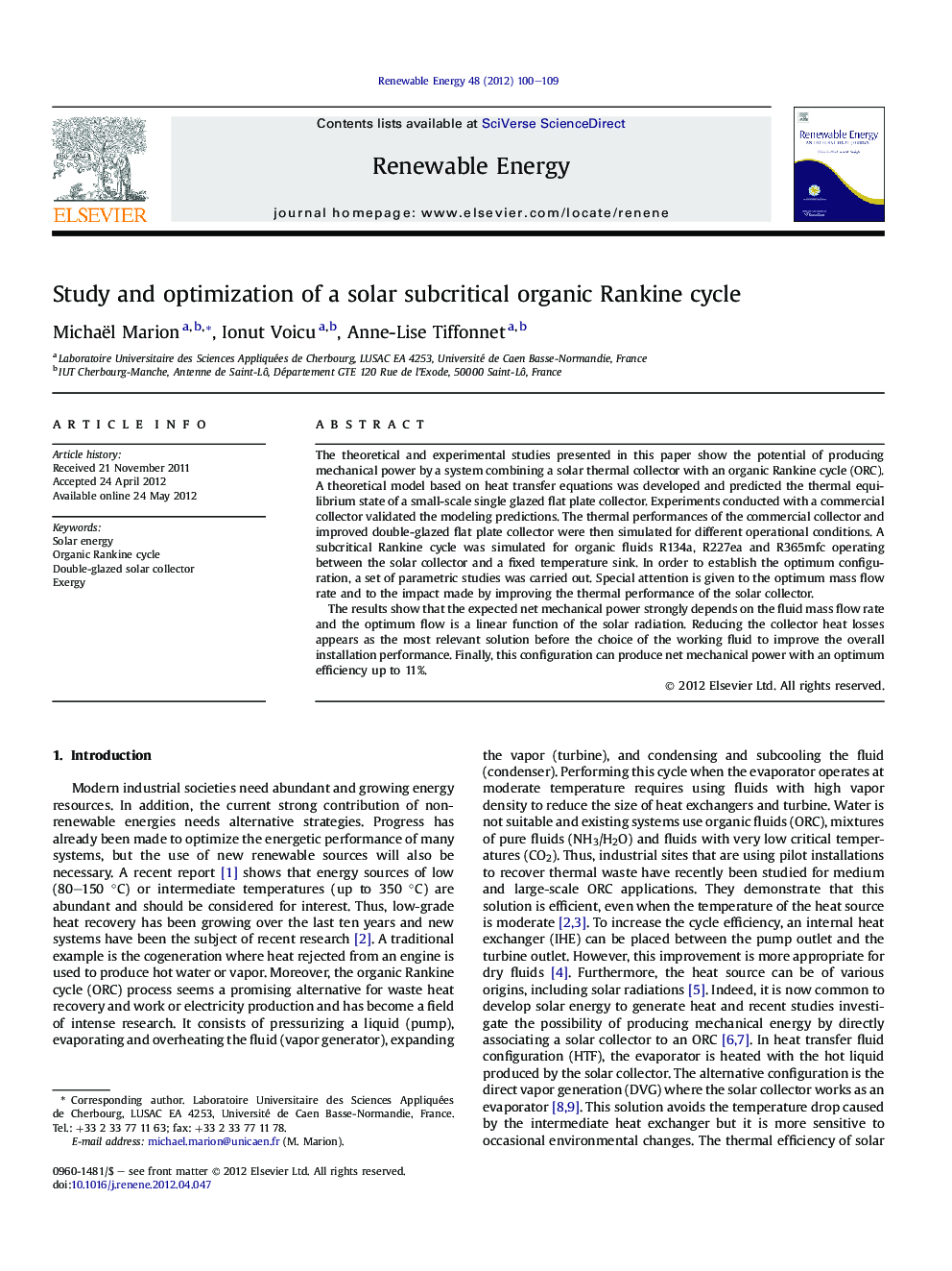 عکس صفحه اول مقاله: Study and optimization of a solar subcritical organic Rankine cycle Study and optimization of a solar subcritical organic Rankine cycle