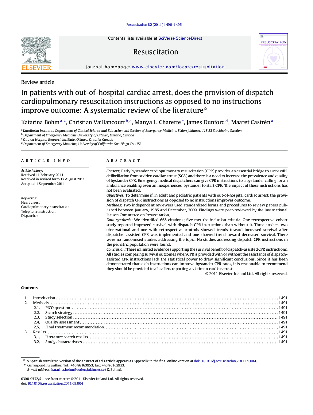 عکس صفحه اول مقاله: In patients with out-of-hospital cardiac arrest, does the provision of dispatch cardiopulmonary resuscitation instructions as opposed to no instructions improve outcome: A systematic review of the literature In patients with out-of-hospital cardiac arrest, does the provision of dispatch cardiopulmonary resuscitation instructions as opposed to no instructions improve outcome: A systematic review of the literature