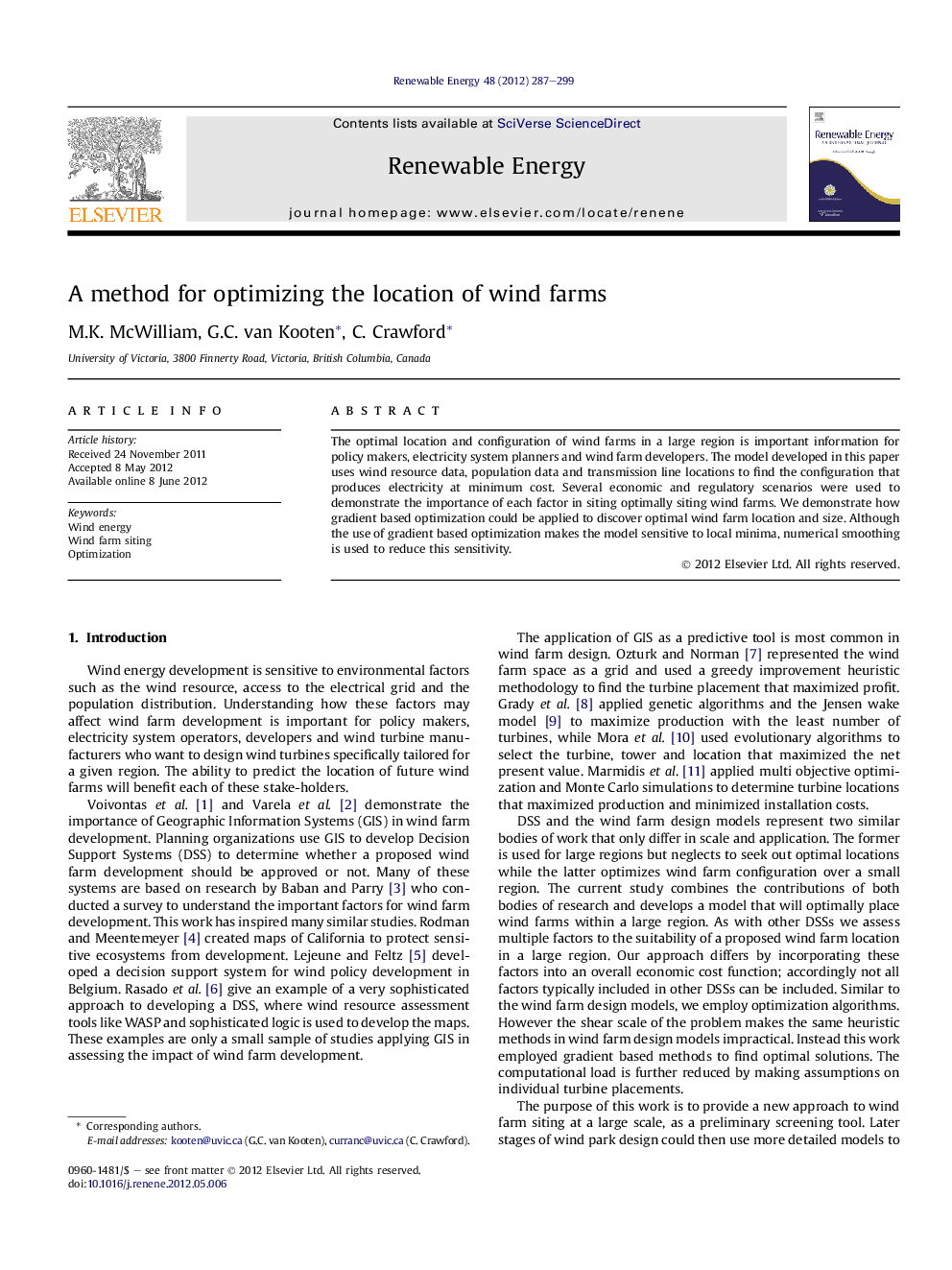 A method for optimizing the location of wind farms