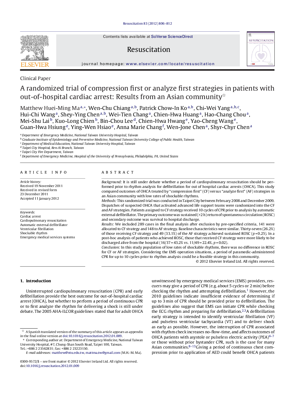 A randomized trial of compression first or analyze first strategies in patients with out-of-hospital cardiac arrest: Results from an Asian community 