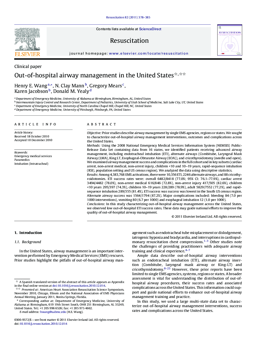 Out-of-hospital airway management in the United States 