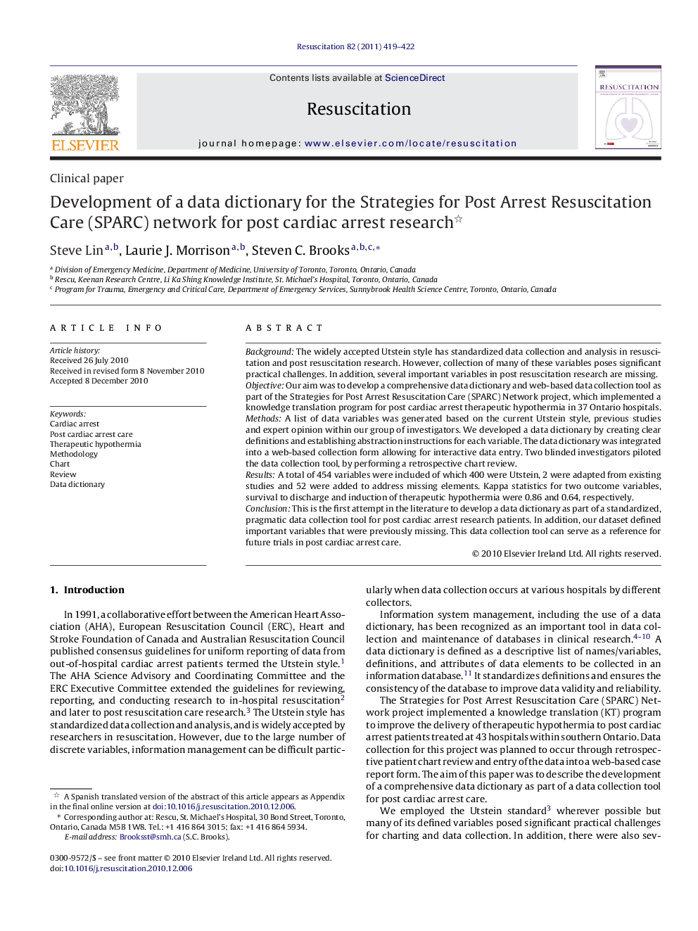 Development of a data dictionary for the Strategies for Post Arrest Resuscitation Care (SPARC) network for post cardiac arrest research 