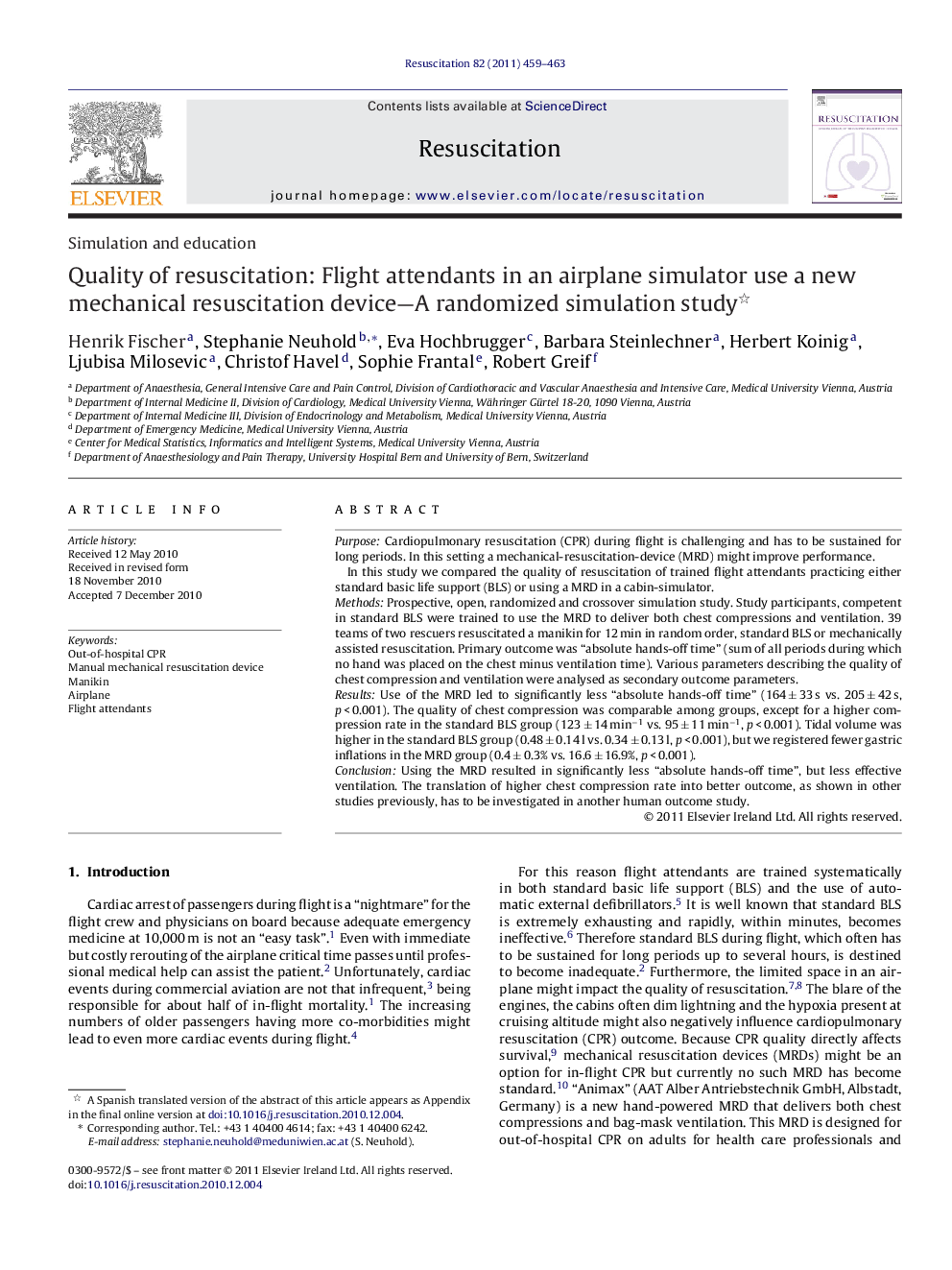 Quality of resuscitation: Flight attendants in an airplane simulator use a new mechanical resuscitation device—A randomized simulation study 