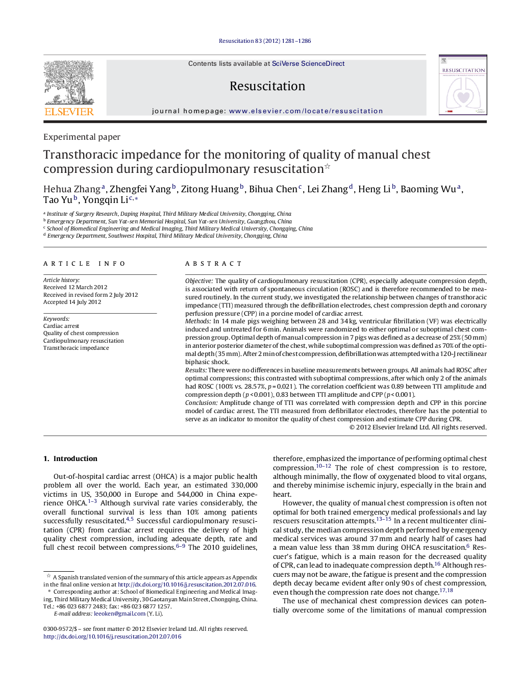 Transthoracic impedance for the monitoring of quality of manual chest compression during cardiopulmonary resuscitation 