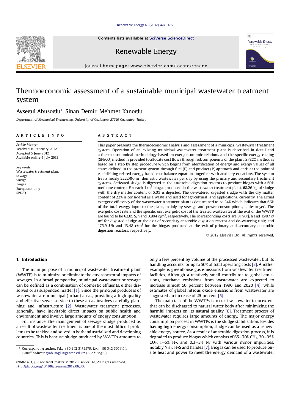 Thermoeconomic assessment of a sustainable municipal wastewater treatment system