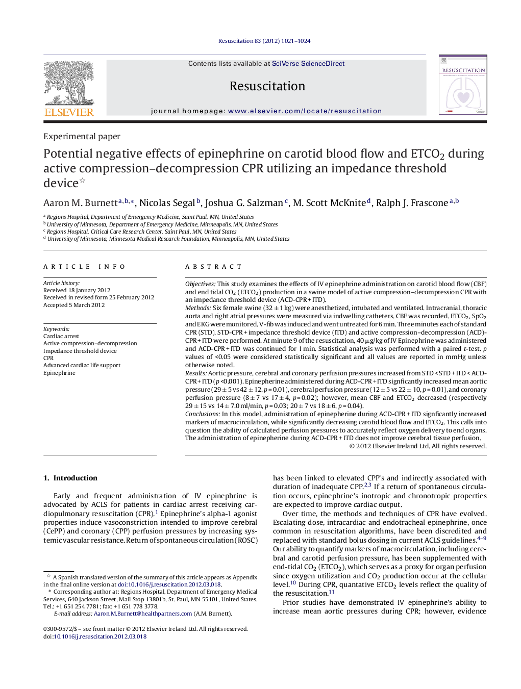 Potential negative effects of epinephrine on carotid blood flow and ETCO2 during active compression–decompression CPR utilizing an impedance threshold device 