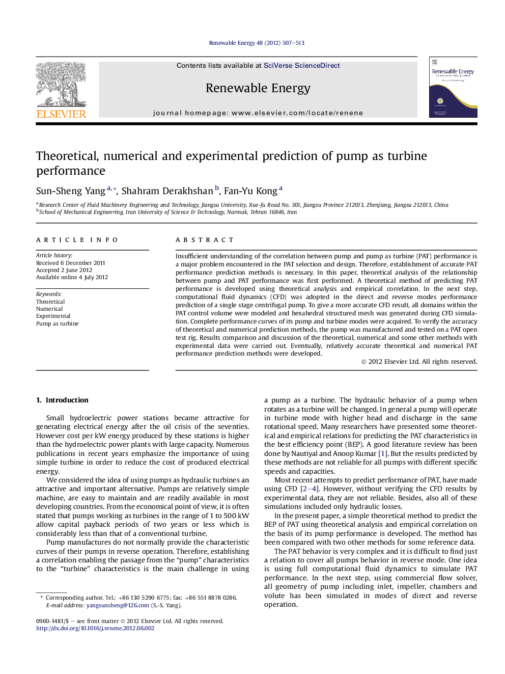 Theoretical, numerical and experimental prediction of pump as turbine performance