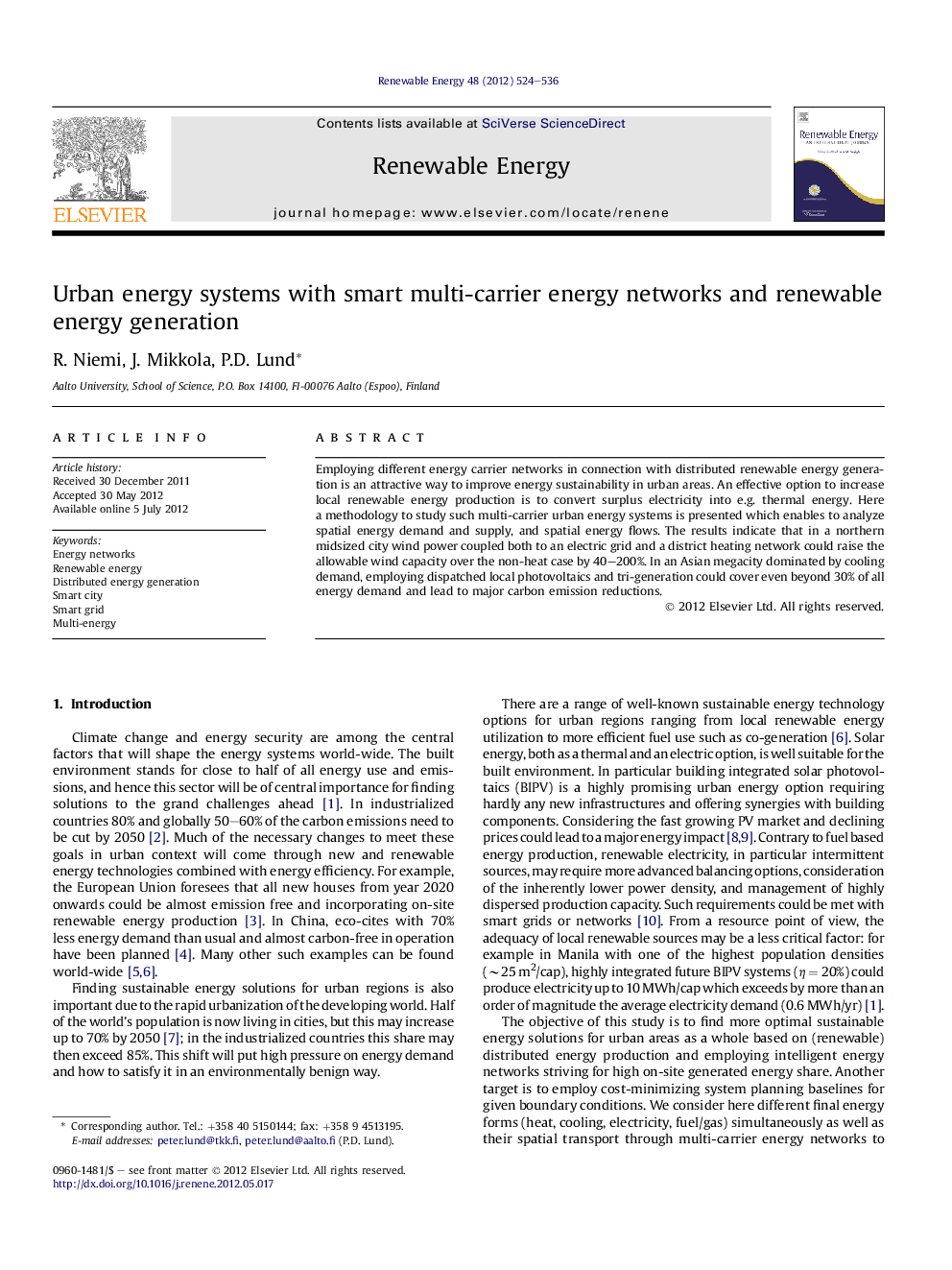 Urban energy systems with smart multi-carrier energy networks and renewable energy generation