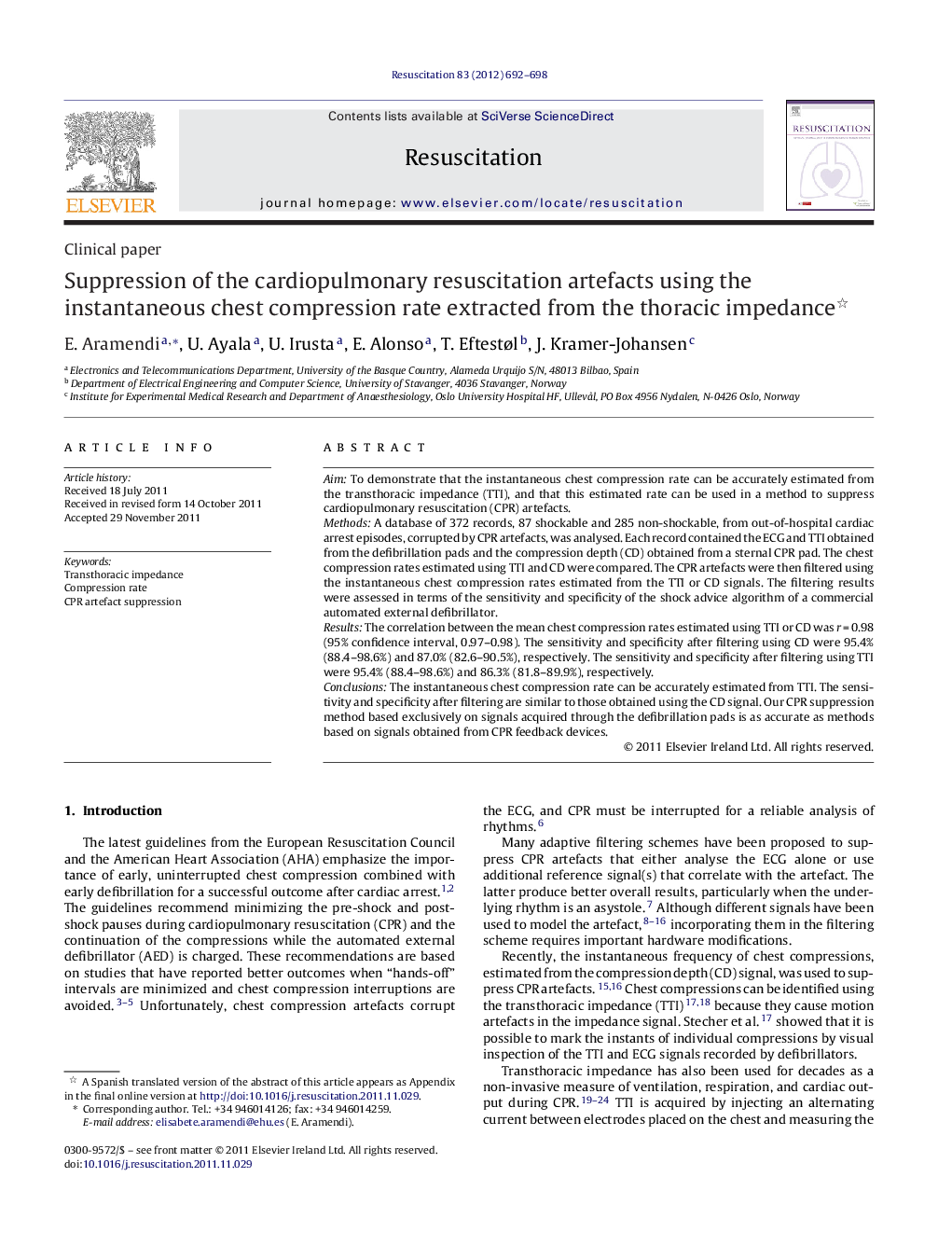 Suppression of the cardiopulmonary resuscitation artefacts using the instantaneous chest compression rate extracted from the thoracic impedance 