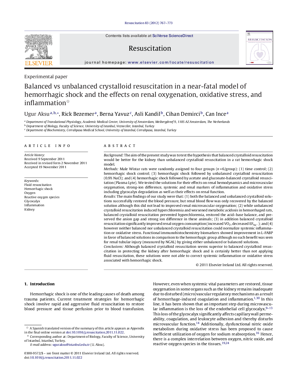 Balanced vs unbalanced crystalloid resuscitation in a near-fatal model of hemorrhagic shock and the effects on renal oxygenation, oxidative stress, and inflammation 