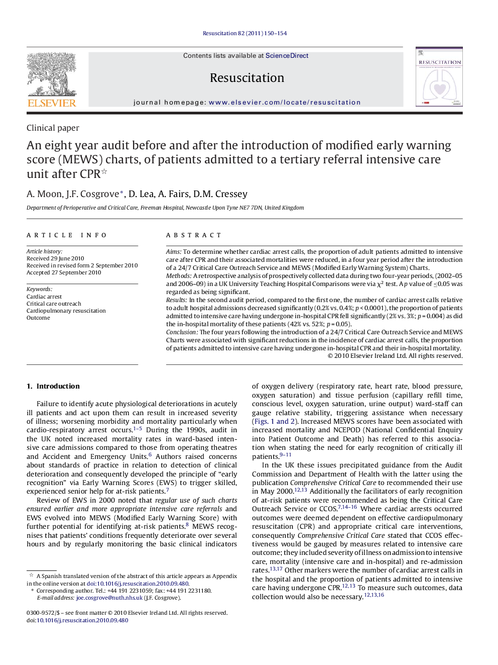 An eight year audit before and after the introduction of modified early warning score (MEWS) charts, of patients admitted to a tertiary referral intensive care unit after CPR 