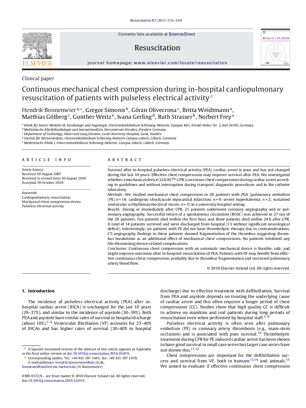 Continuous mechanical chest compression during in-hospital cardiopulmonary resuscitation of patients with pulseless electrical activity 