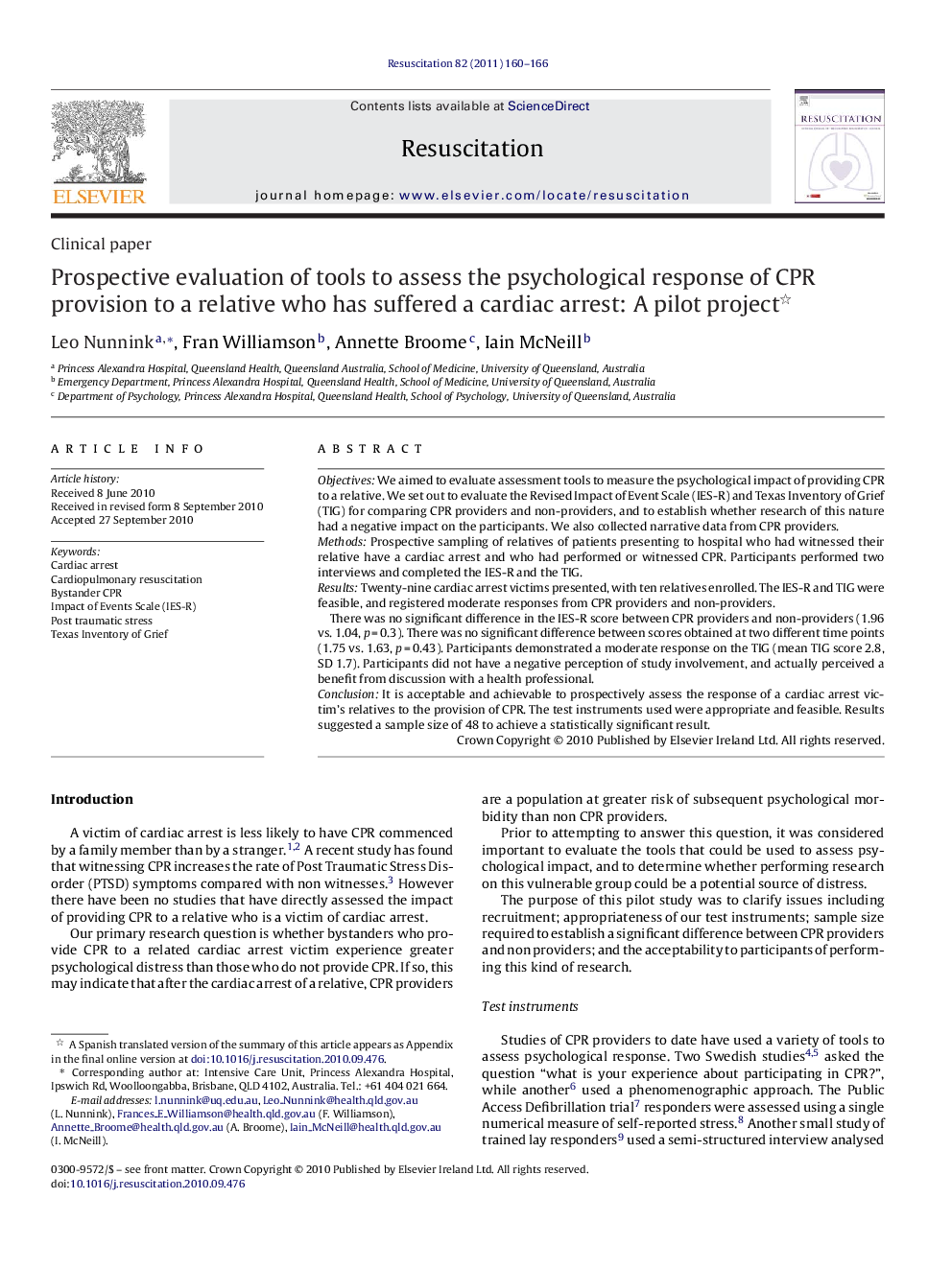 Prospective evaluation of tools to assess the psychological response of CPR provision to a relative who has suffered a cardiac arrest: A pilot project 